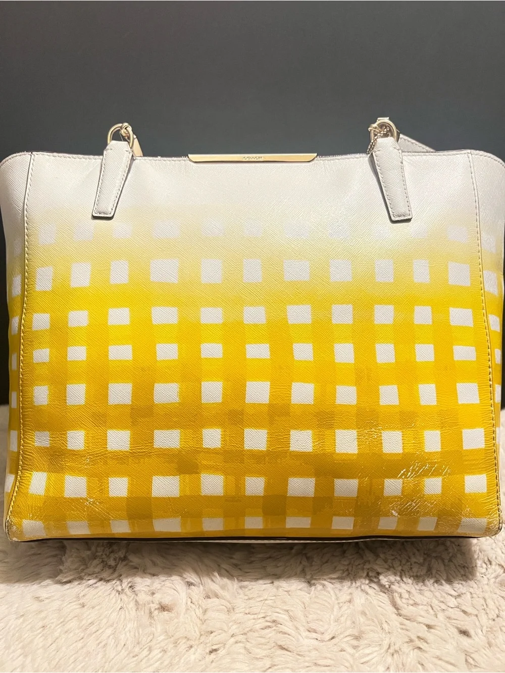 Rare Coach Madison Gingham Leather East West Yellow and Cream Ombre Check Tote
